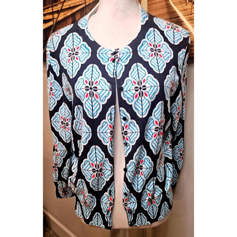 Crown & Ivy Navy Floral Patterned Cotton Blend Cardigan Sweater Size L